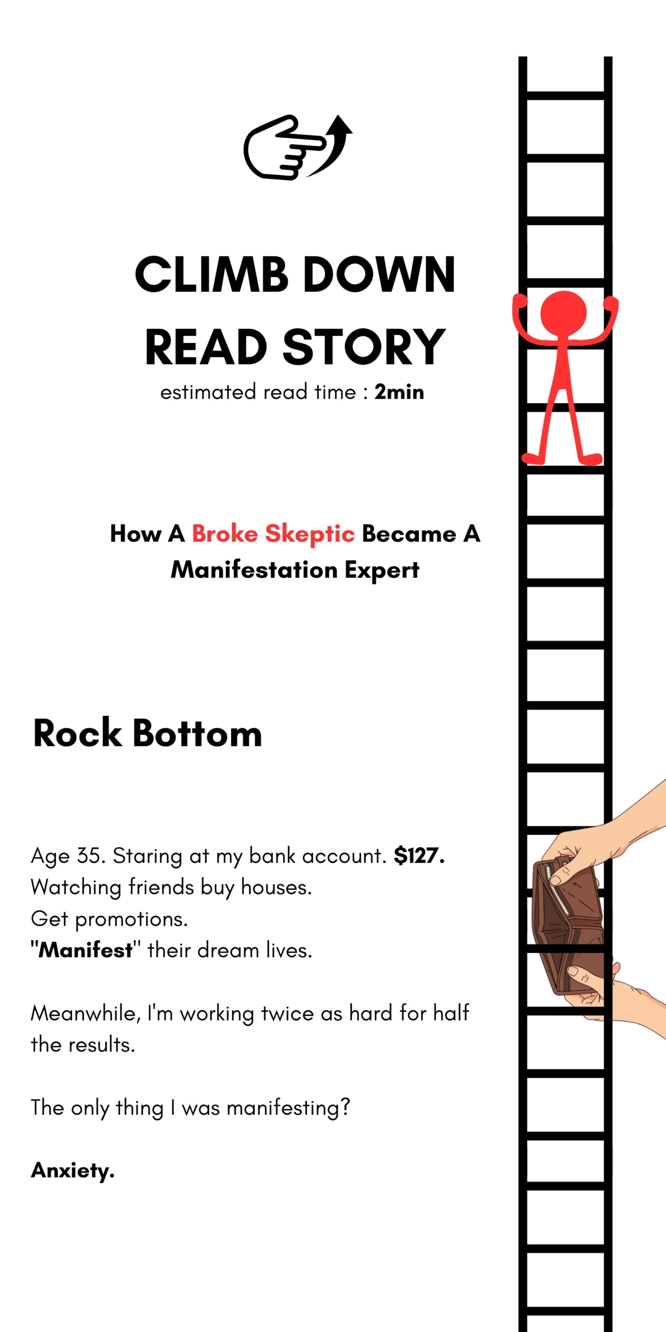 Ladder with a character climbing down, text about becoming a manifestation expert, and a hand holding a phone. The Easy Manifest by Kain Vale book