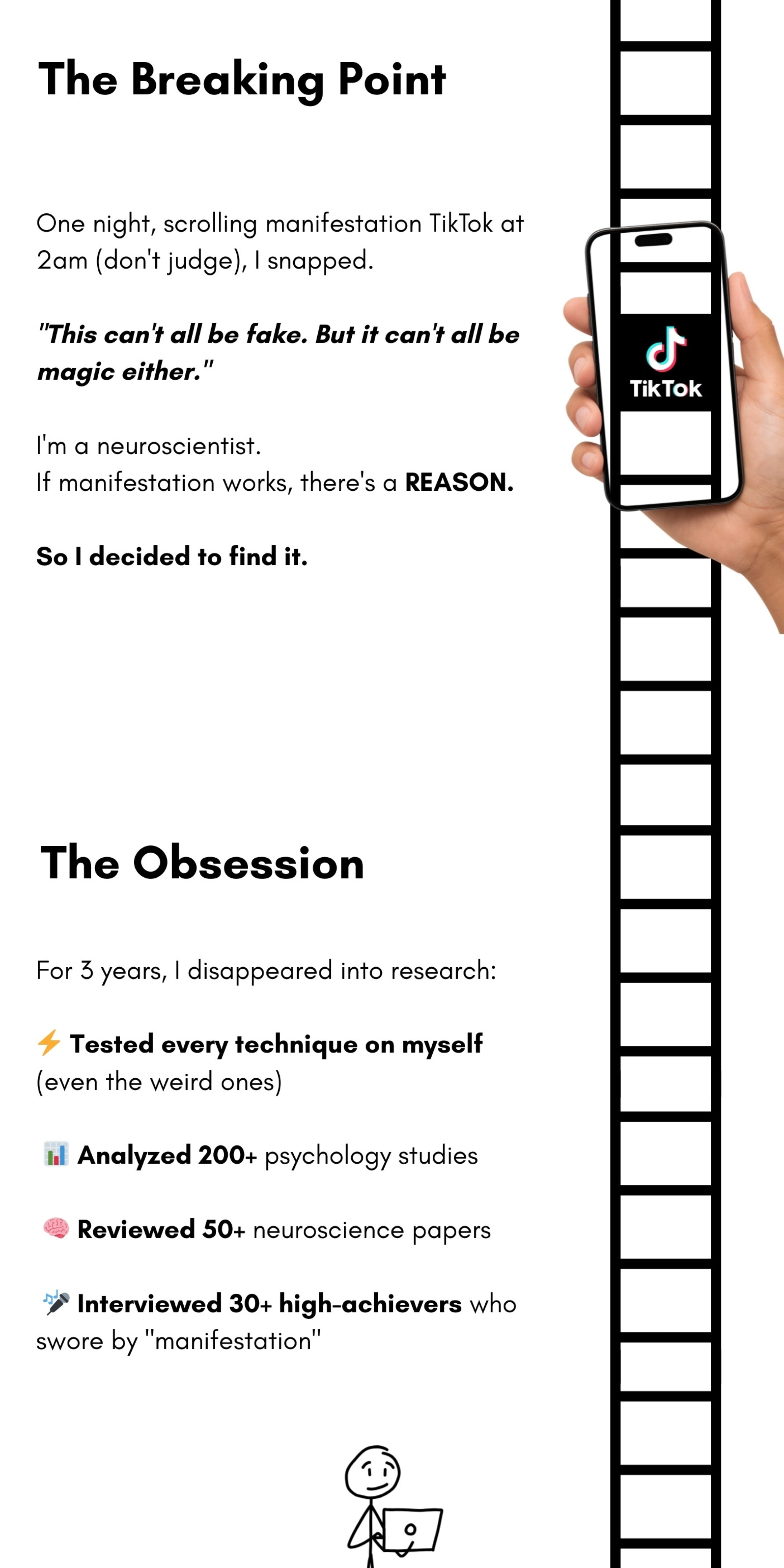 Person holding a phone with TikTok app, surrounded by text about manifestation and research. The Easy Manifest book