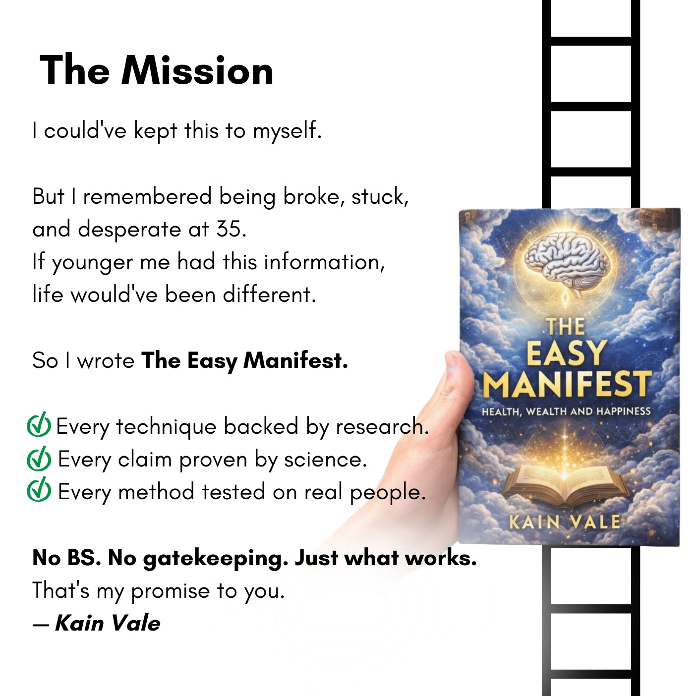 Book titled 'The Easy Manifest' by Kain Vale with a hand holding it, text about its mission, and a ladder in the background.