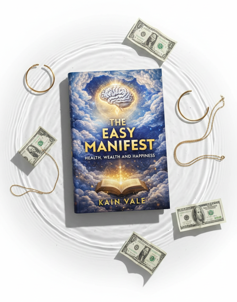 Book titled 'The Easy Manifest' by Kain Yale with money and a brain illustration on a white background