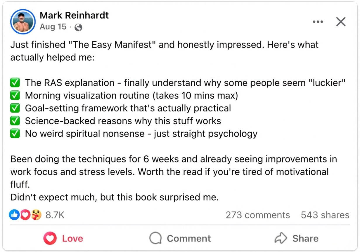 Social proof review of The Easy Manifest by Kain Vale – neuroscience-based manifestation book focused on RAS, visualization, and practical psychology.