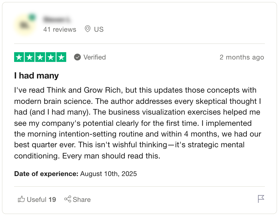 Verified five-star customer review of The Easy Manifest book by Kain Vale highlighting its modern neuroscience-based manifestation system, visualization exercises, and strategic mental conditioning for business growth.