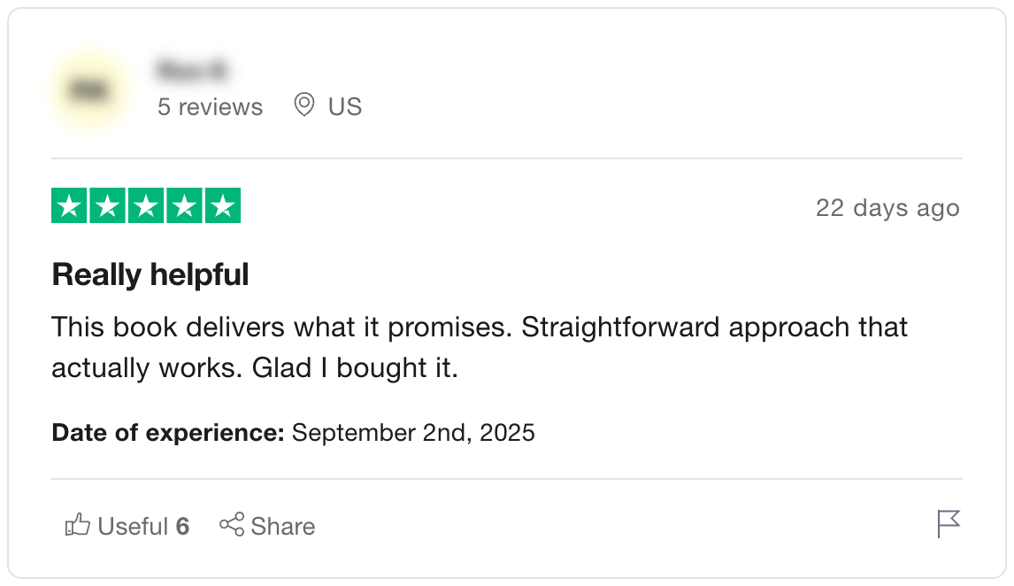Verified 5-star Trustpilot review of The Easy Manifest book by Kain Vale praising its straightforward, science-based manifestation system that delivers real results.