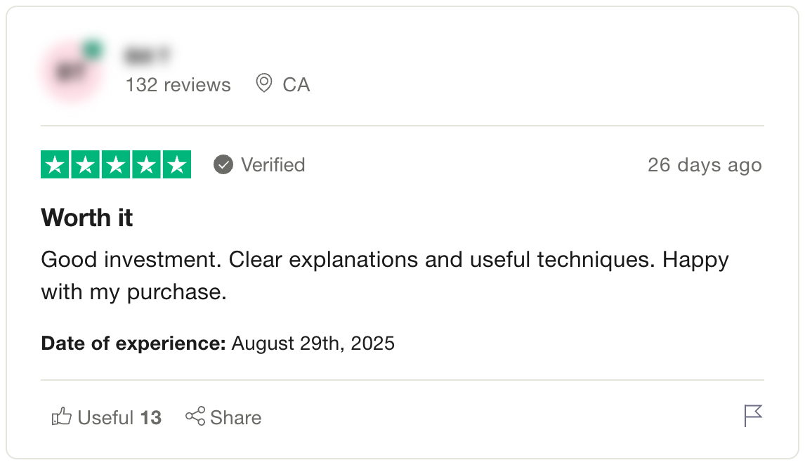 5-star Trustpilot review for The Easy Manifest by Kain Vale highlighting clear explanations, practical techniques, and science-based manifestation methods